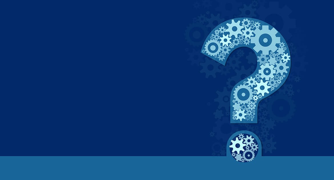 question mark made of gears on blue backdrop