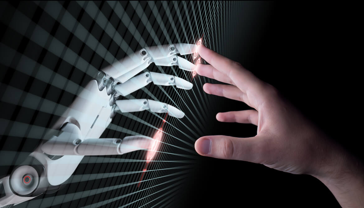 artificial intelligence hand and a human hand pointing to each other