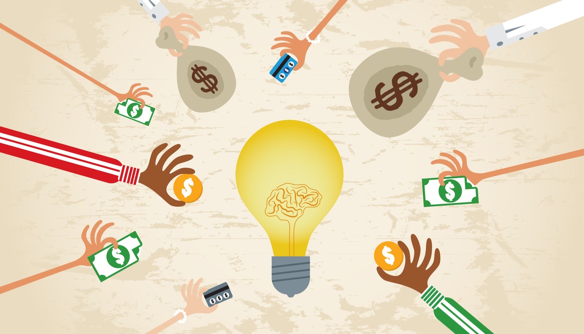 illustration of lots of hands involved in lending with a strategy and idea light bulb in the middle