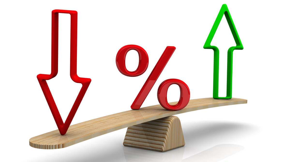 Red percent sign and arrows on a scale in the equilibrium position for financial concept