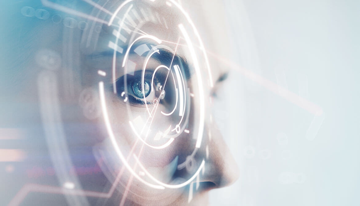 woman with blue eye staring through a digital lens