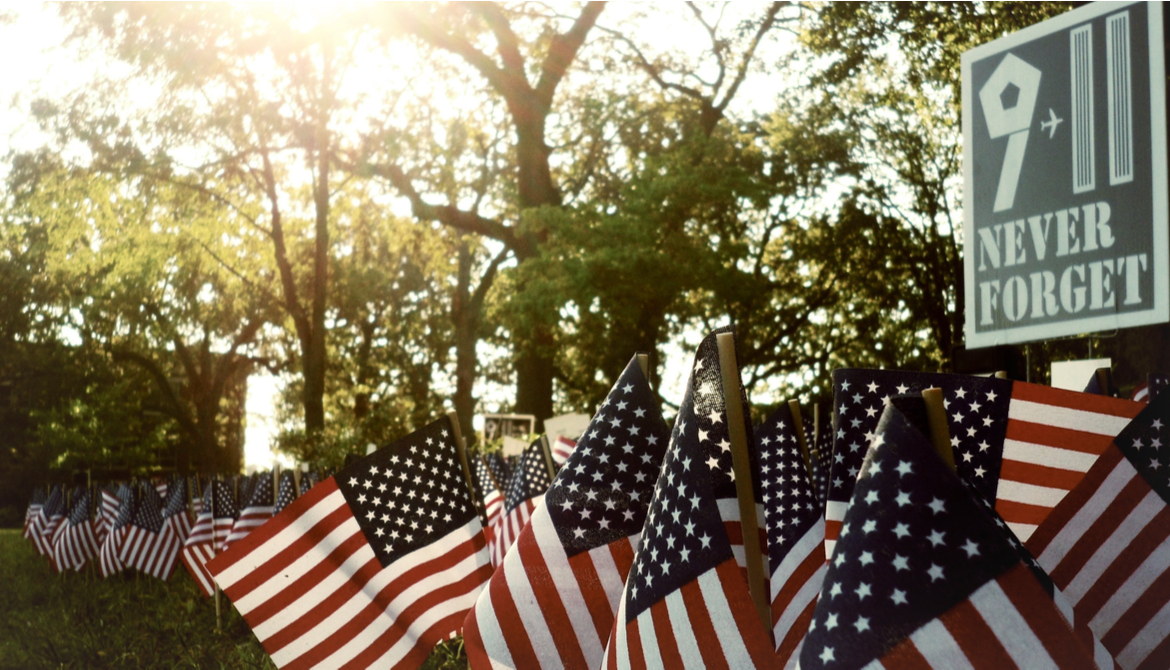 US flags never forget sign