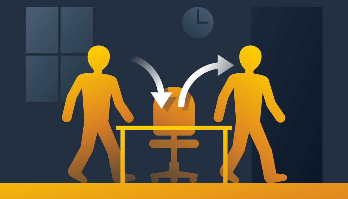 illustration of one employee leaving and another coming to chair in office