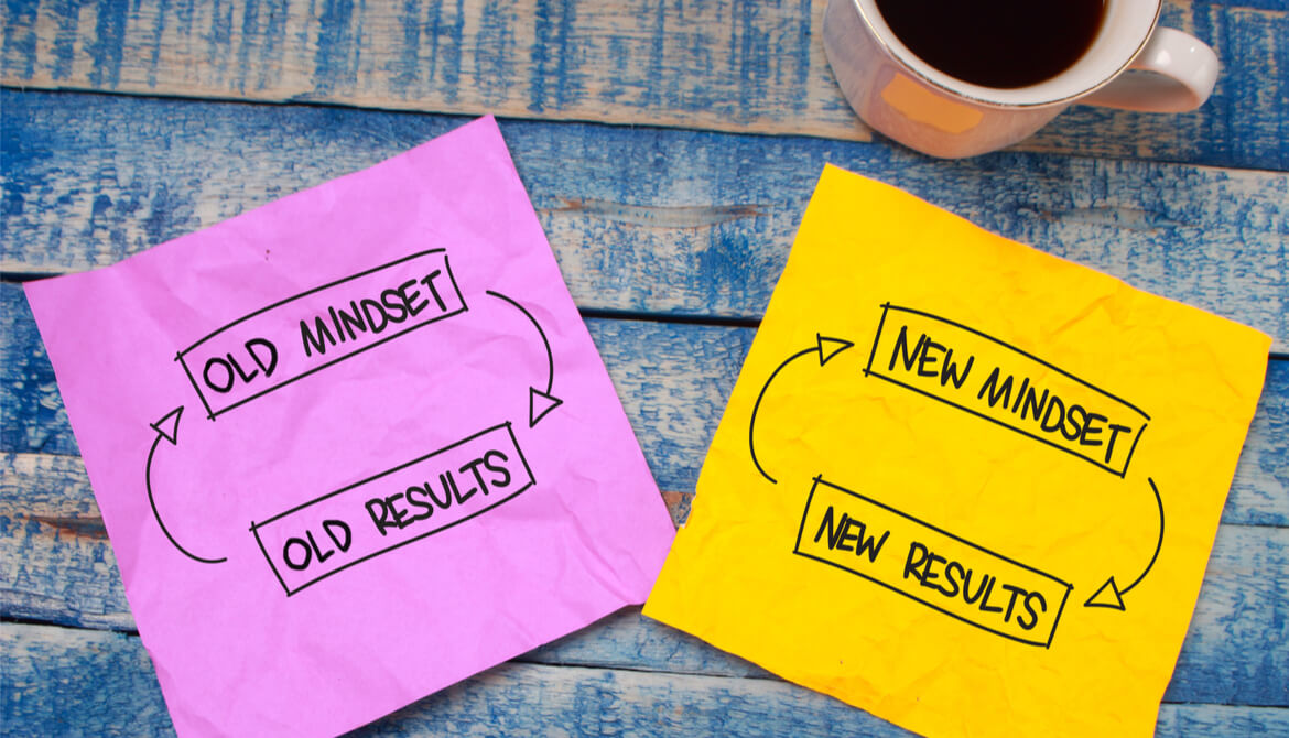 brightly colored napkins on table with words mindset and outcome