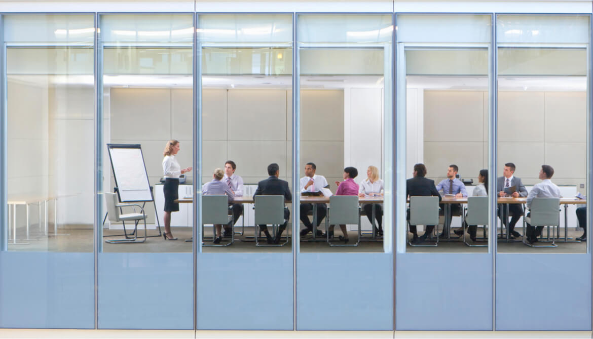 woman leading a board meeting wide view