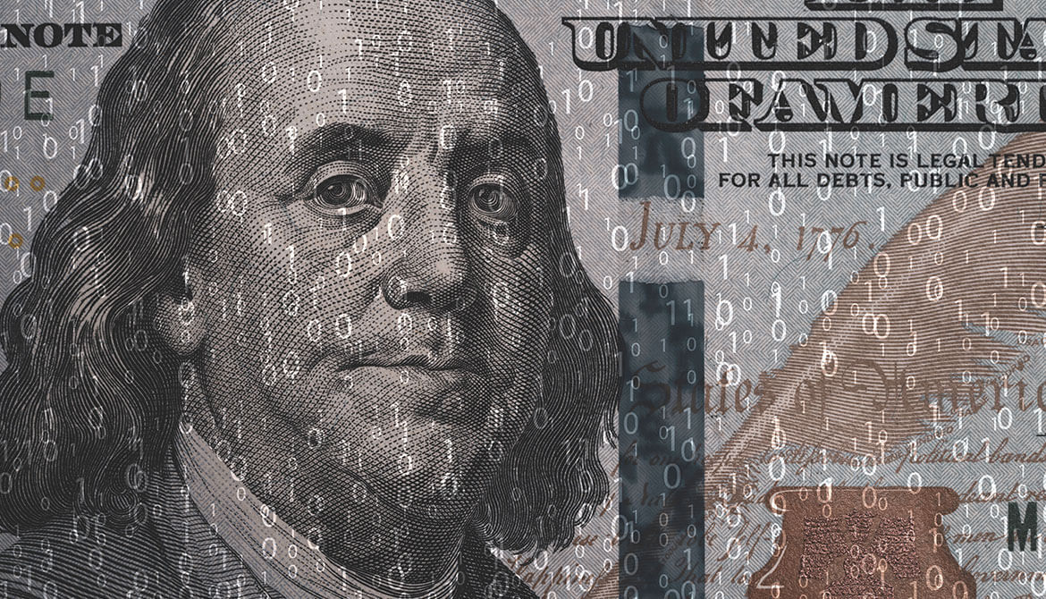 closeup of Benjamin Franklin on 100 dollar bill covered in digital 1s and 0s