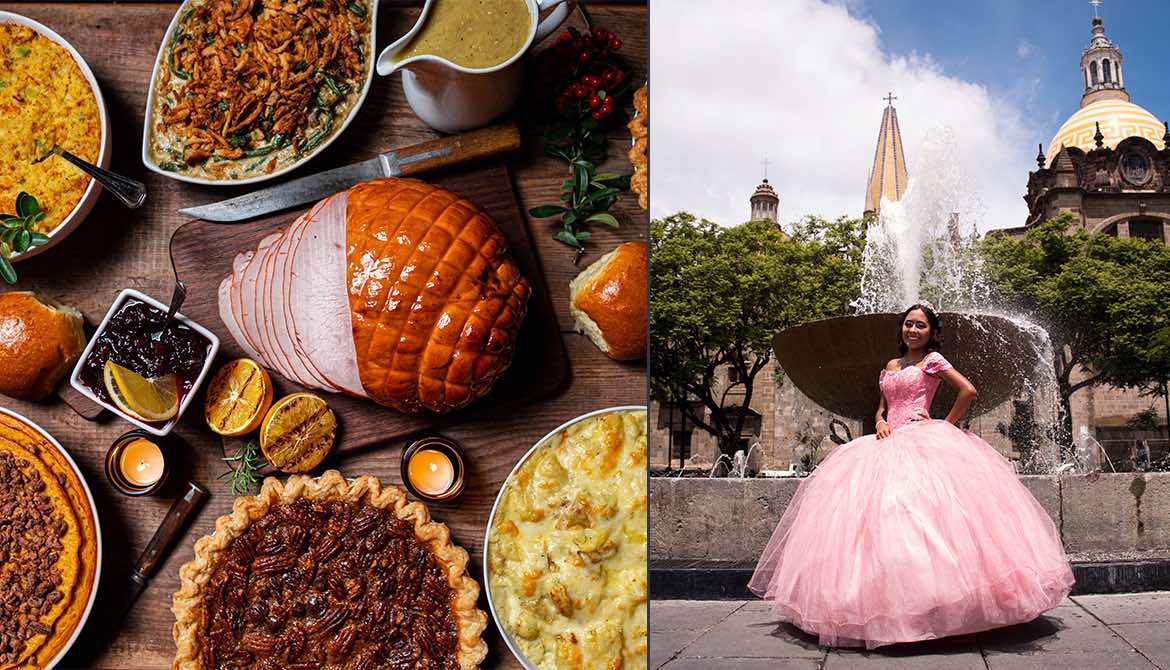 Thanksgiving feast, quinceañera girl in pink gown