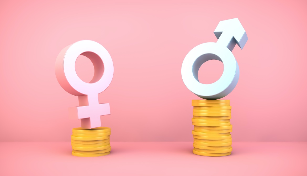 female symbol atop a shorter pile of coins looks up at a male symbol on top of a tall pile of coins