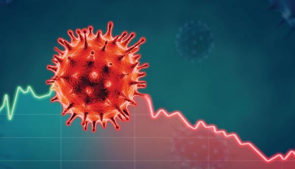 red coronavirus floating over graph representing the economy