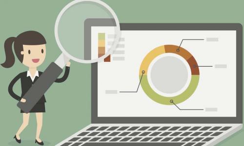 illustration of woman shows her holding a magnifying glass over a computer with charts