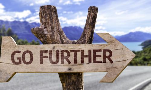 wooden sign along the road that says go further