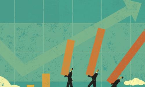 illustration shows business men placing bar chart bars on a hill suggests improvement and progress