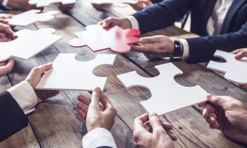 board members holding puzzle pieces with red piece representing the CEO