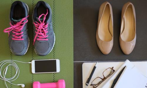 workout gear arranged on a green athletic mat next to beige high heel pumps with work notebooks and laptop