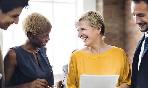 diverse group of male and female board members discuss report