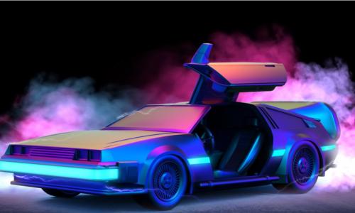 stage-lit delorean with steam around it