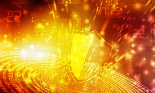 orange digital shield speeding into swirl of data