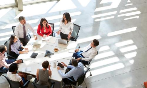 smiling businesswoman engages team of diverse people around meeting table