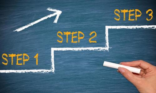 business woman's hand drawing three steps on chalkboard