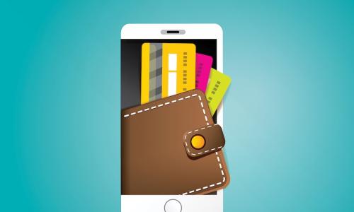 illustration of wallet full of colorful credit cards popping out of a phone screen