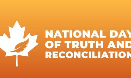 national day of truth and reconciliation with a maple leaf in white text on an orange background