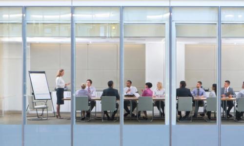 woman leading a board meeting wide view