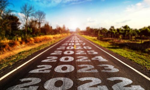 future years written on a highway at sunset