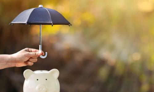 hand holds mini black umbrella over small piggy bank