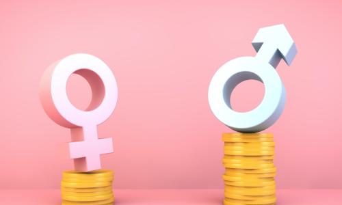 female symbol atop a shorter pile of coins looks up at a male symbol on top of a tall pile of coins