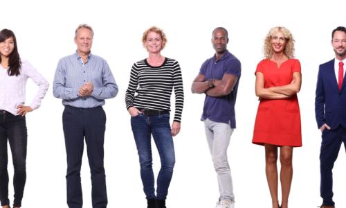 six consumers of different ages and races stand against a white background