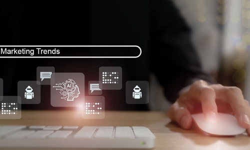 Marketing Trends entered into a search bar above icons representing chatbots AI and social media while person uses mouse and keyboard
