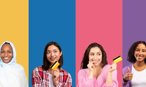 a diverse group of young women against a colorful striped background